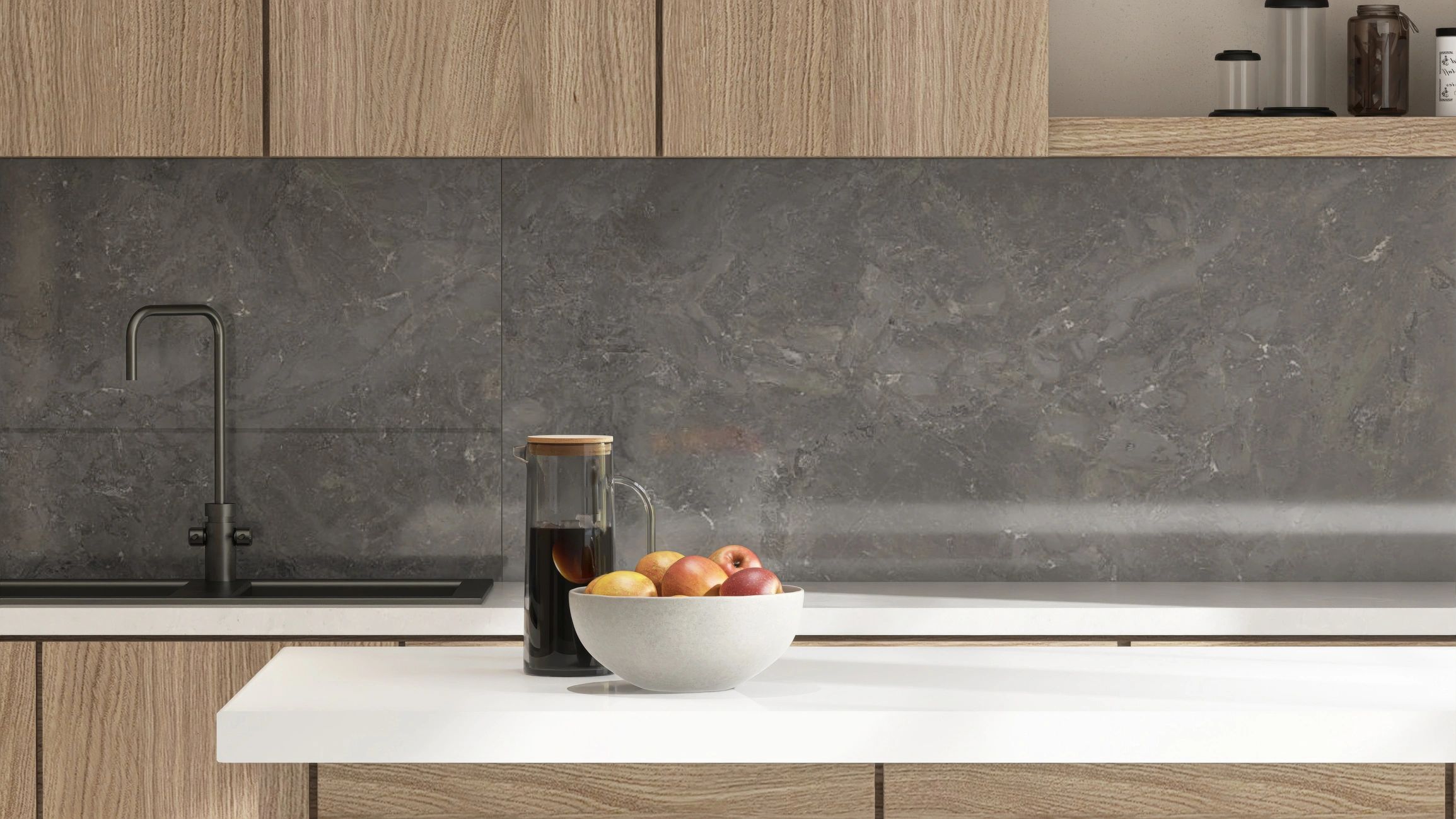 Modern kitchen with stone splashback and timber cabinetry